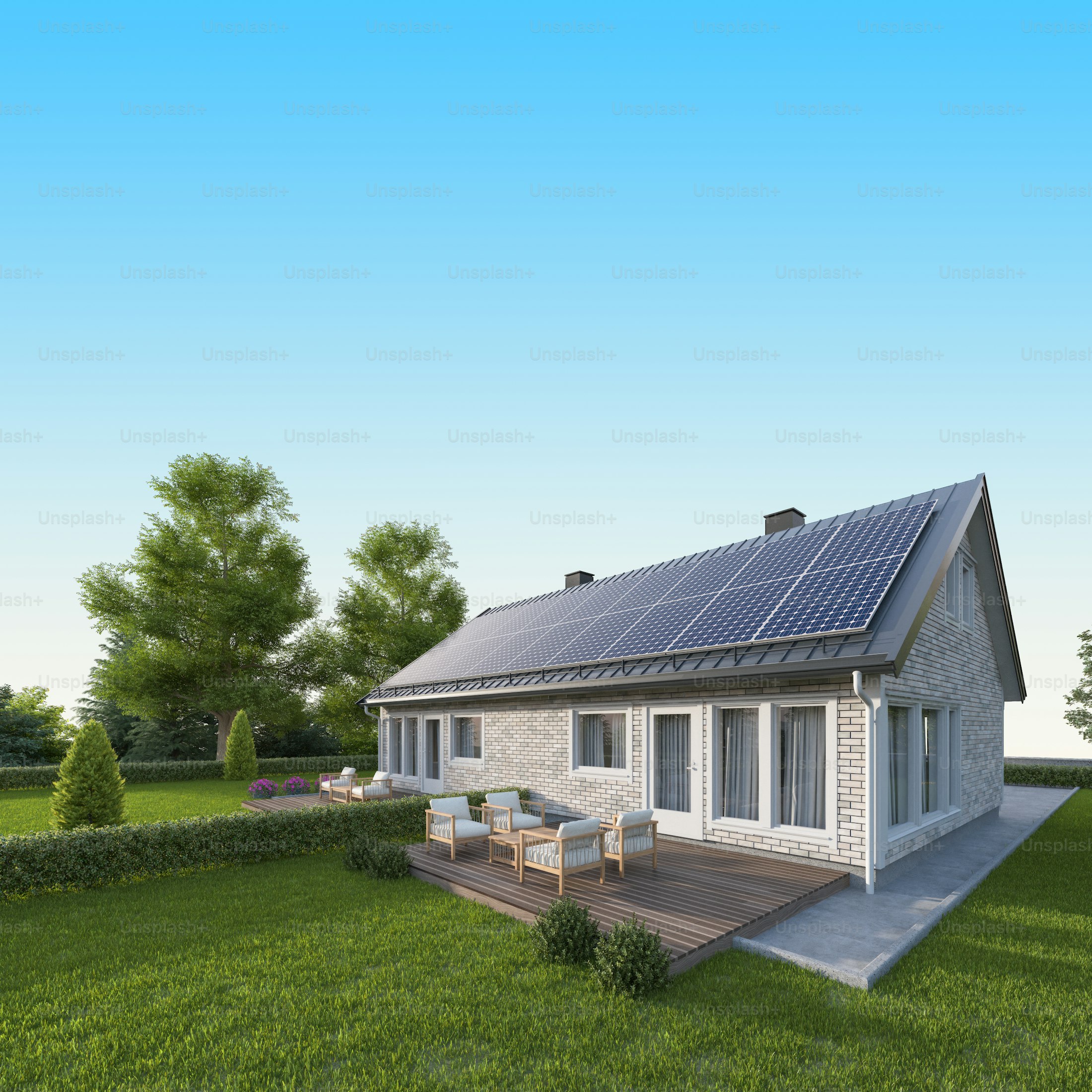 Modern house with professional rooftop solar installation under a clear blue sky